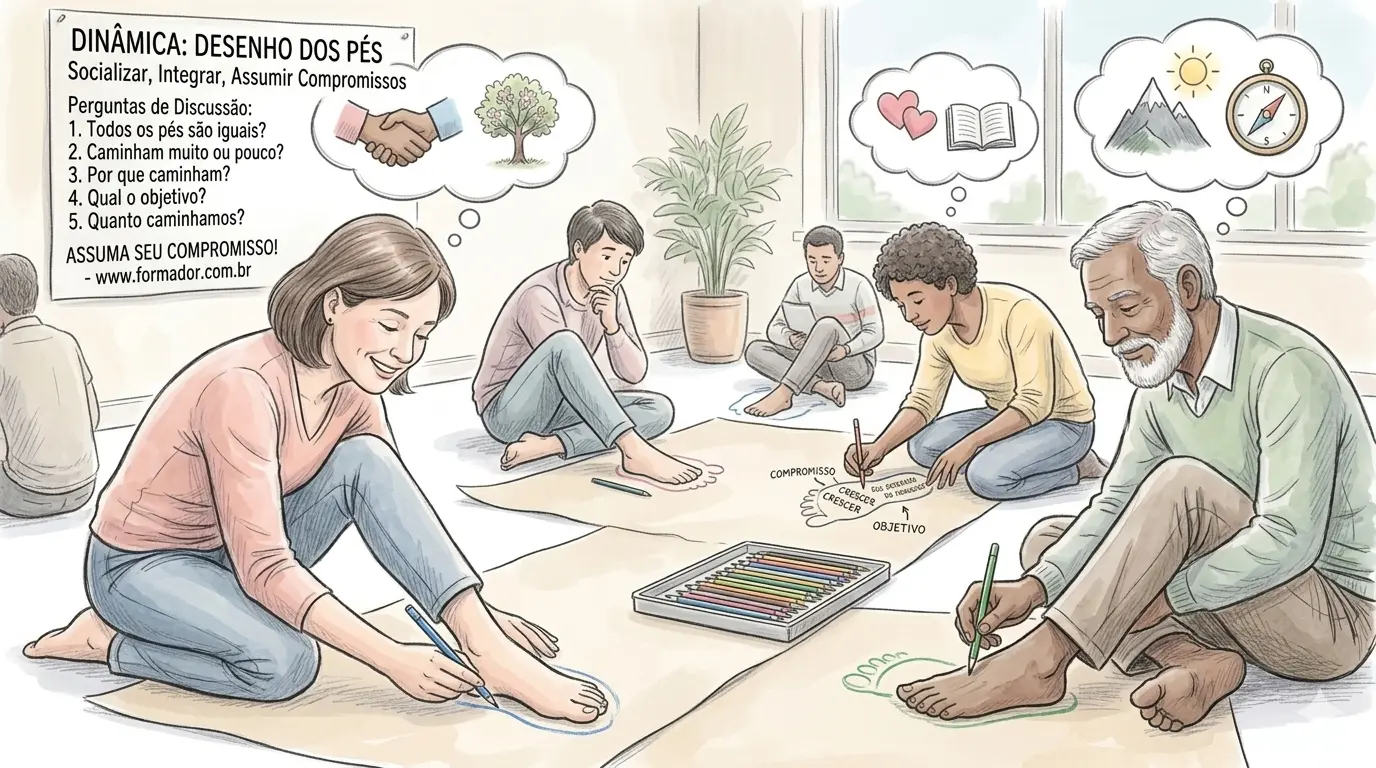 Ilustração da Dinâmica Desenho dos pés - Objetivos: Socializar, integrar, perceber a nece...